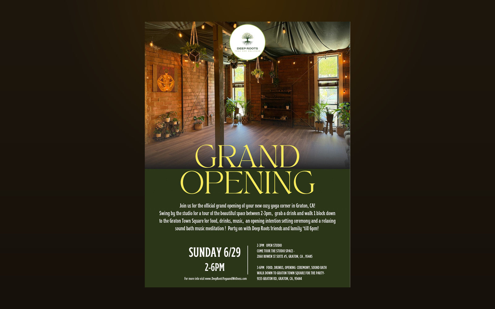 A wellness studio grand opening announcement
