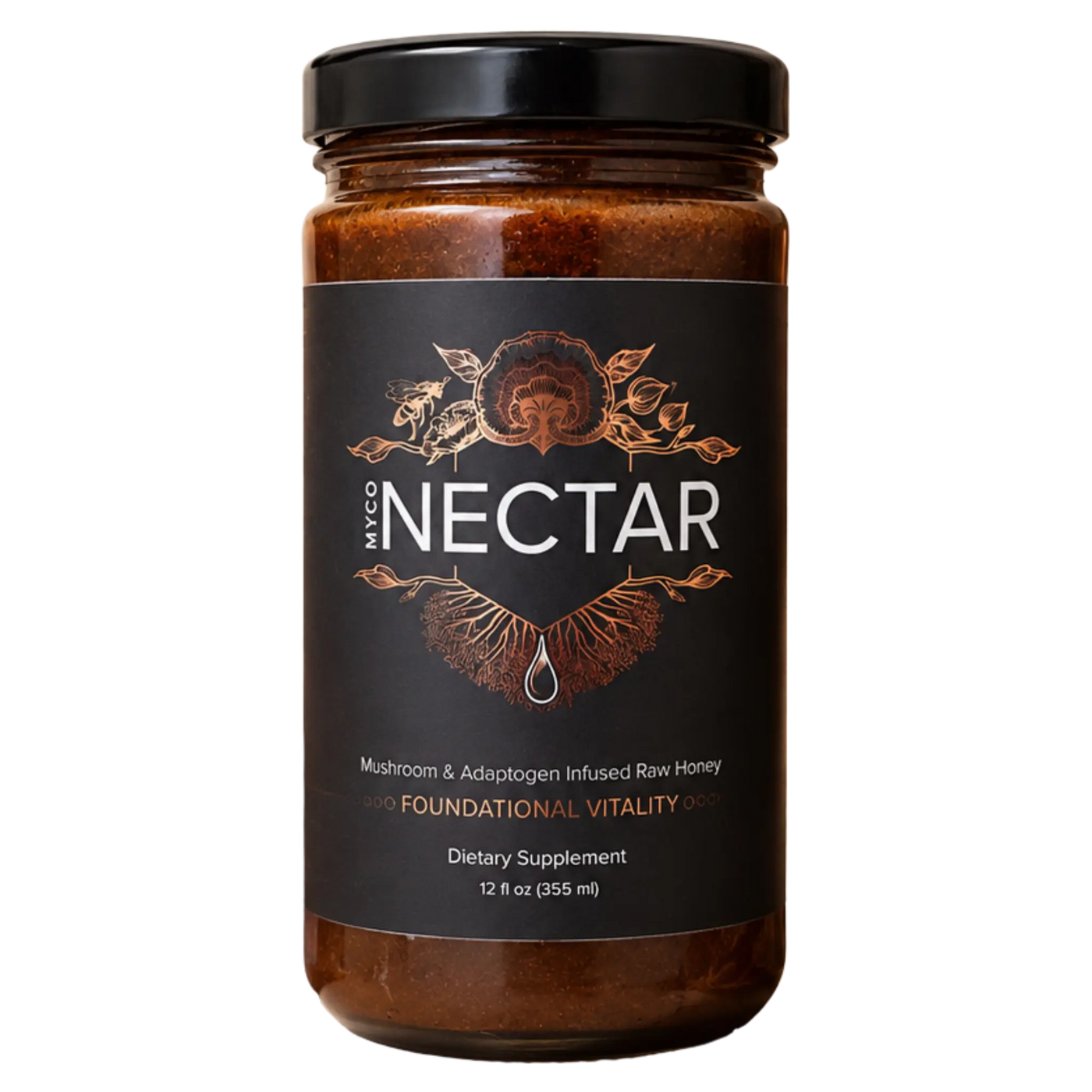 Shop MycoNectar: 12 ounce jar of raw honey infused with functional mushrooms, adaptogens, and minerals